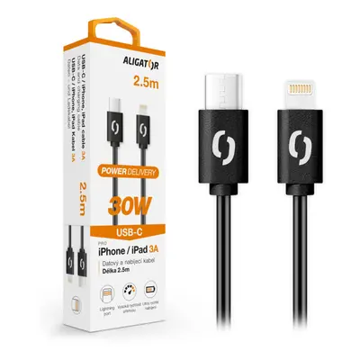 Datový kabel Aligator Power 30W, USB-C/Lightning 3A, 2,5m černá