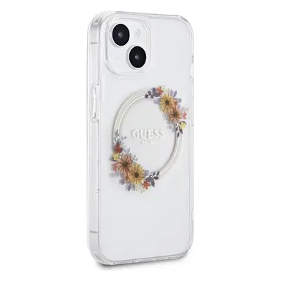 Zadní kryt Guess PC/TPU Flowers Ring Glossy Logo MagSafe pro Apple iPhone 15, transparentní