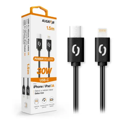 Datový kabel Aligator Power 30W, USB-C/Lightning 3A 1,5m, černá