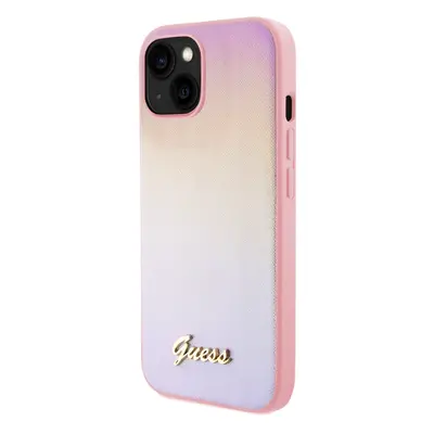 Zadní kryt Guess PU Leather Iridescent Metal Script pro Apple iPhone 15, růžová