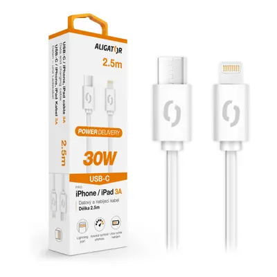 Datový kabel Aligator Power 30W, USB-C/Lightning 3A, 2,5m bílá