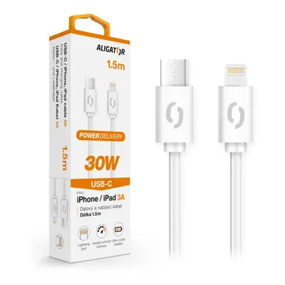 Datový kabel Aligator Power 30W, USB-C/Lightning 3A 1,5m, bílá