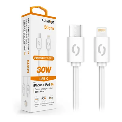 Datový kabel Aligator Power 30W, USB-C/Lightning 3A, 0,5m bílá