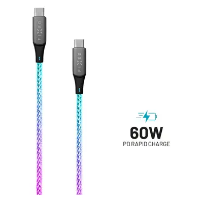 Svítící nabíjecí kabel FIXED, USB-C/USB-C, podpora PD, 1,2 metr, 60W, duhová