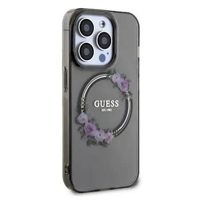 Zadní kryt Guess PC/TPU Flowers Ring Glossy Logo MagSafe pro Apple iPhone 15 Pro, černá