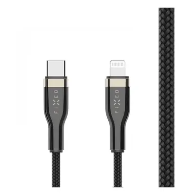 Krátký nabíjecí a datový opletený kabel FIXED, USB-C/Lightning, podpora PD, 0.5m, MFI, černá