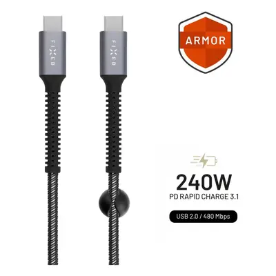 Nabíjecí a datový odolný kabel FIXED Armor, USB-C/USB-C, podpora PD, 1.2 m, USB 2.0, 240W, šedá