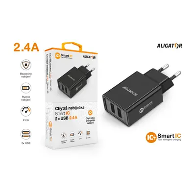 Chytrá síťová nabíječka ALIGATOR 2.4A, 2xUSB, smart IC, černá