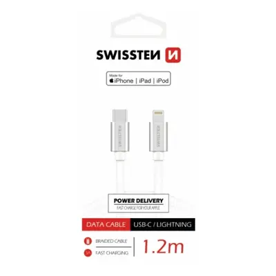 Datový kabel SWISSTEN Textile USB-C/Lightning (PD) MFI 1,2 m, stříbrná