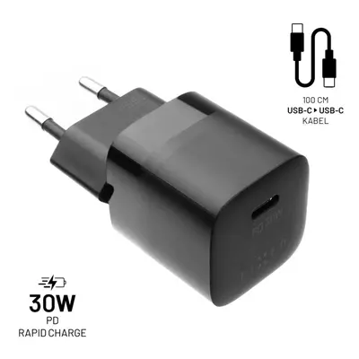 Set síťové nabíječky FIXED Mini, USB-C výstup, USB-C/USB-C kabel, podpora PD, 1 metr, 30W, černá