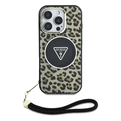 Zadní kryt Guess IML Leopard Triangle Logo Strap MagSafe pro Apple iPhone 16 Pro Max, hnědá