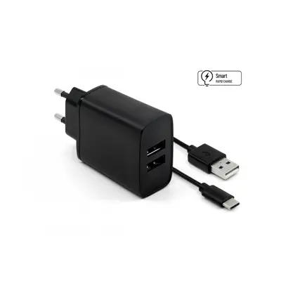 Síťová nabíječka FIXED, 2xUSB a kabel USB/USB-C, 1m, 15W black