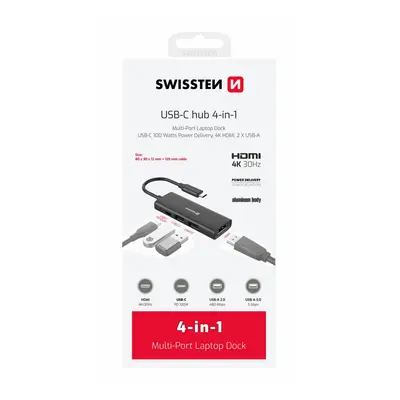 Swissten USB-C hub 4-in-1 100W (USB-C, HDMI 4K, 2x USB-A) Aluminium