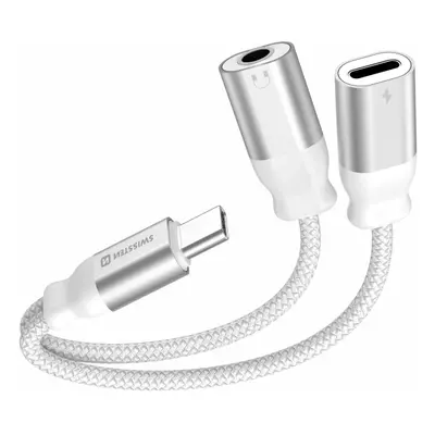 Nabíjecí audio adaptér Swissten Textile USB-C (samec) / USB-C (samice) a 3,5mm AUX 0,12m bílá