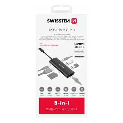 Swissten USB-C hub 8-in1 100W (USB-C, HDMI 4K, LAN RJ45, 2x USB-A, 1x USB-C, microSD / SD) Alumi