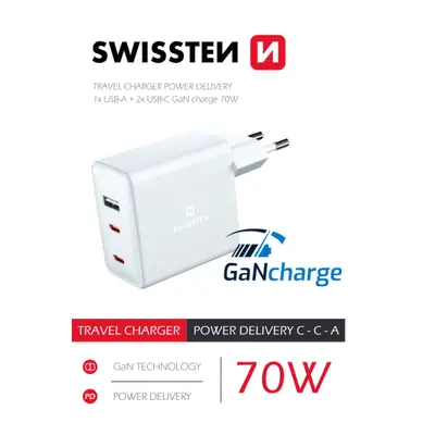 Síťový adaptér Swissten Gan 2X USB-C+ 1xUSB 70W, bílá