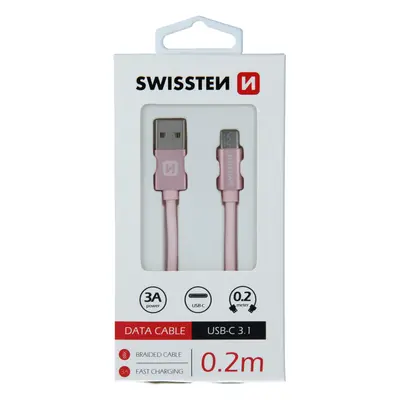 Datový kabel Swissten Textile USB/USB-C, 0,2m, růžovo/zlatý