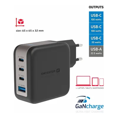 Swissten GaN 3x USB-C 100W PD + 1x USB-A 18W QC černá