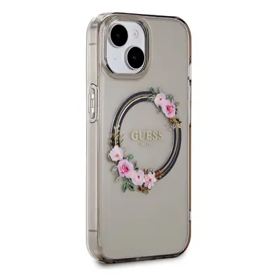 Zadní kryt Guess PC/TPU Flowers Ring Glossy Logo MagSafe pro Apple iPhone 15, černá