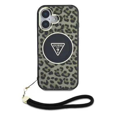 Zadní kryt Guess IML Leopard Triangle Logo Strap MagSafe pro Apple iPhone 16, hnědá