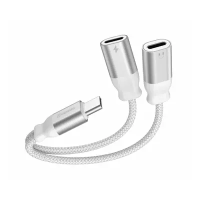 Nabíjecí audio adaptér Swissten Textile USB-C (samec) / 2x USB-C (samice) 0,12m bílá