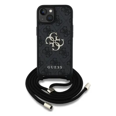 Zadní kryt Guess PU 4G Metal Logo Crossbody Popruh pro Apple iPhone 15, černá