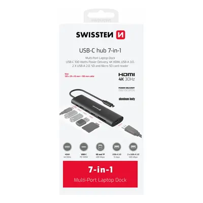 Swissten USB-C hub 7-in-1 100W (USB-C HDMI 4K, 1x USB-A 3.0, 2x USB-A 2.0, microSD / SD) Alumini