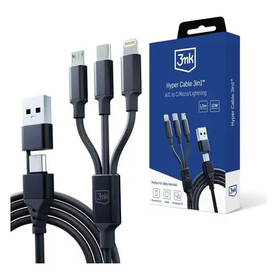 3mk Hyper Cable 3in1 USB-A/C - USB-C/MicroUSB/Lightning 1.5m, černá