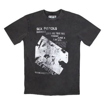 Sex Pistols Tričko Manchester Flyer Stone Wash Unisex Charcoal Grey