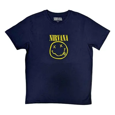 Nirvana Tričko Yellow Happy Face Unisex Navy Blue