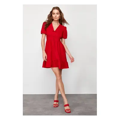 Trendyol Red Waist V-Neck Bow Detailed Mini Woven Dress