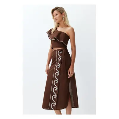 Trendyol Beach Wear Brown Woven Flounce One Shoulder 100% Cotton Blouse Skirt Set