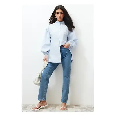 Trendyol Light Blue Ruffle Detailed Cotton Basic Woven Shirt