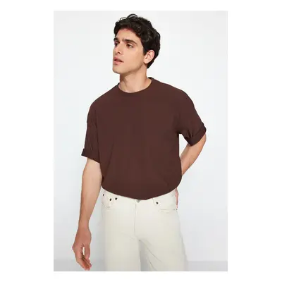 Trendyol Brown Premium Oversize/Wide Cut Textured Ottoman T-Shirt