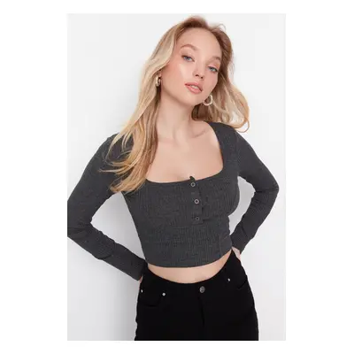 Trendyol Anthracite Button Detailed Square Neck Fitted Flexible Crop Knitted Blouse