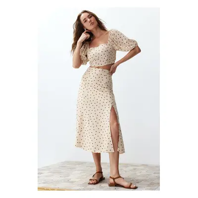 Trendyol Beige Slit Midi Viscose Woven Polka Dot Blouse-Skirt Set