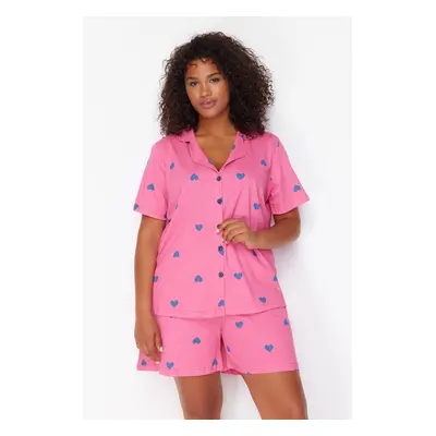 Trendyol Curve Pink Heart Patterned Knitted Pajama Set