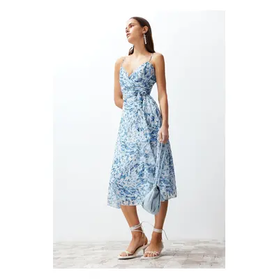 Trendyol Blue Animal Patterned Flounced Skirt Chiffon Lined Midi Woven Dress