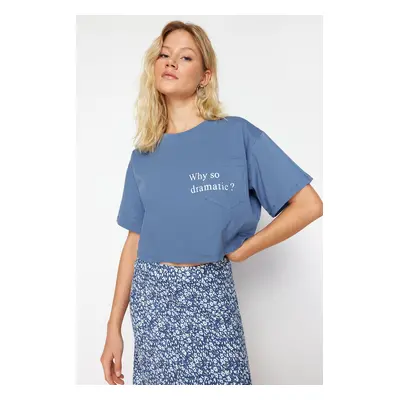 Trendyol Indigo 100% Cotton Motto Printed Pocket Relaxed Crop Knitted T-Shirt