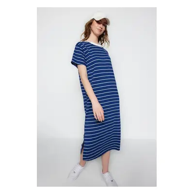 Trendyol Navy Blue Striped Shift/Plain Maxi Knit Dress with Slit Detail