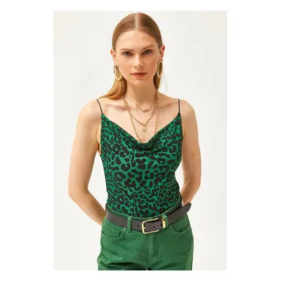 Olalook Women's Leopard Emerald Green Collar Rope Strappy Blouse