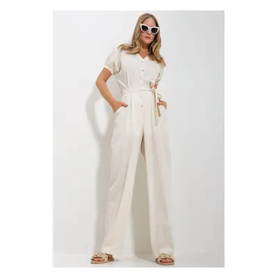 Trend Alaçatı Stili Women's Cream Front Buttoned Double Pocket Mikanos Linen Jumpsuit