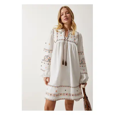 Happiness İstanbul Women's Ecru Embroidered Woven Linen Dress