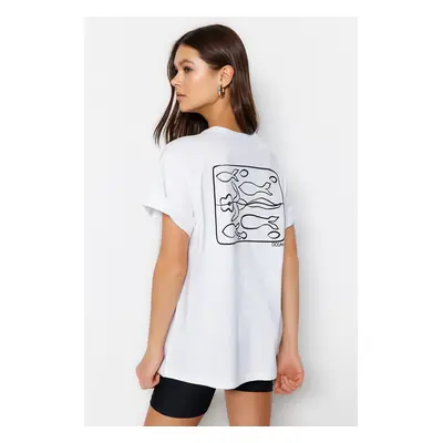 Trendyol White Printed Boyfriend/Wide Fit Knitted T-Shirt