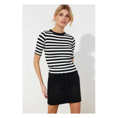 Trendyol Black Baby Overlock Detailed Striped Fitted Stretchy Knitted Blouse