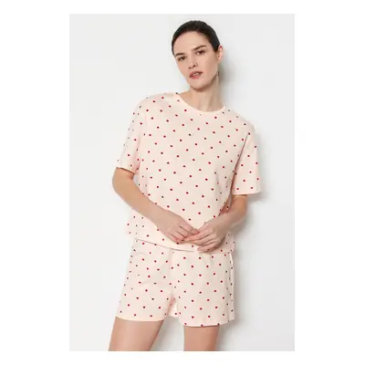 Trendyol Light Pink 100% Cotton Polka Dot and Heart Shorts Knitted Pajamas Set