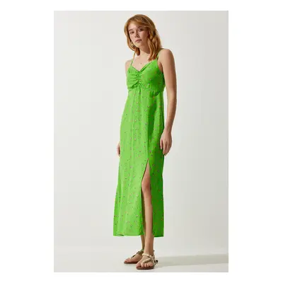 Happiness İstanbul Women's Peanut Green Strappy Patterned Viscose Dress