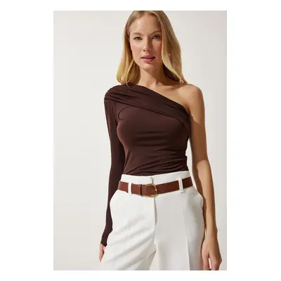 Happiness İstanbul Women's Brown One-Shoulder Gathered Detailed Knitted Blouse