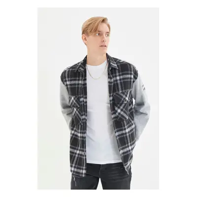 Trendyol Navy Blue Oversize Knitted Sleeves Double Pocket Flap Winter Plaid Lumberjack Jacket Sh