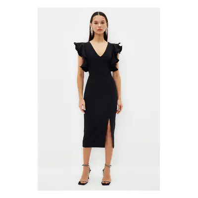 Trendyol Black Lined Ruffle Detailed Woven Elegant Evening Dress